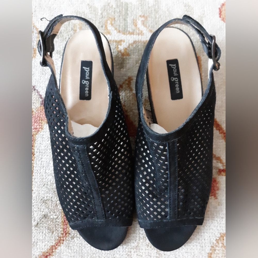 PAUL GREEN Lois Perforated Slingback Sandals Black Leather Heels UK 3/US 5/5.5